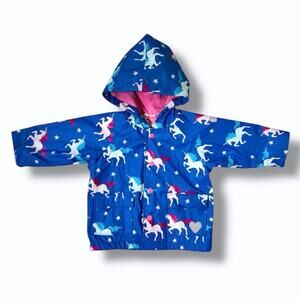 Hatley Raincoat Girls 12-18M Blue Unicorn Print Terry Lined Waterproof Hooded